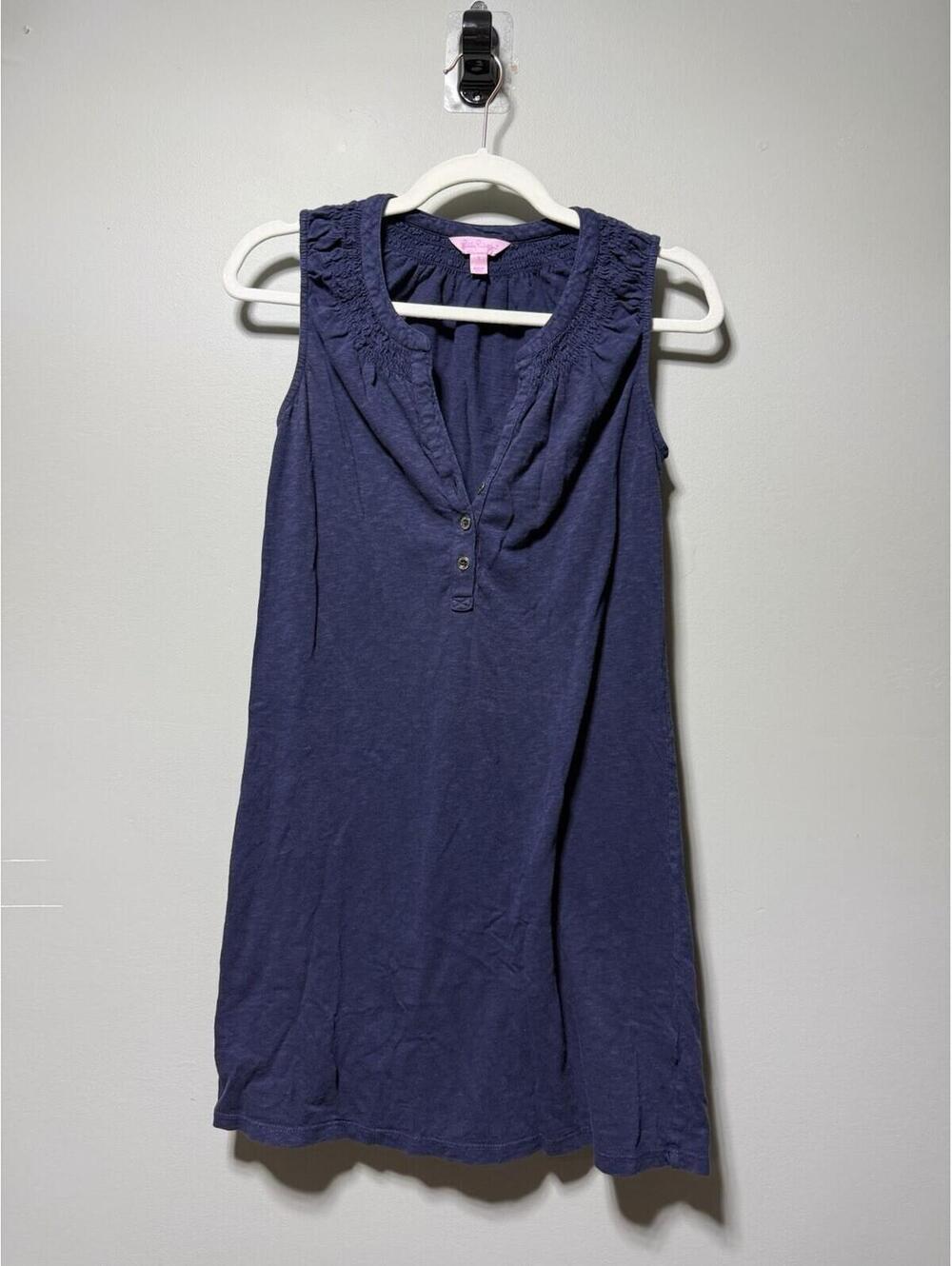 Lilly Pulitzer Essie Dress Navy Blue Cotton Tank Shift Gold Button Smocked S